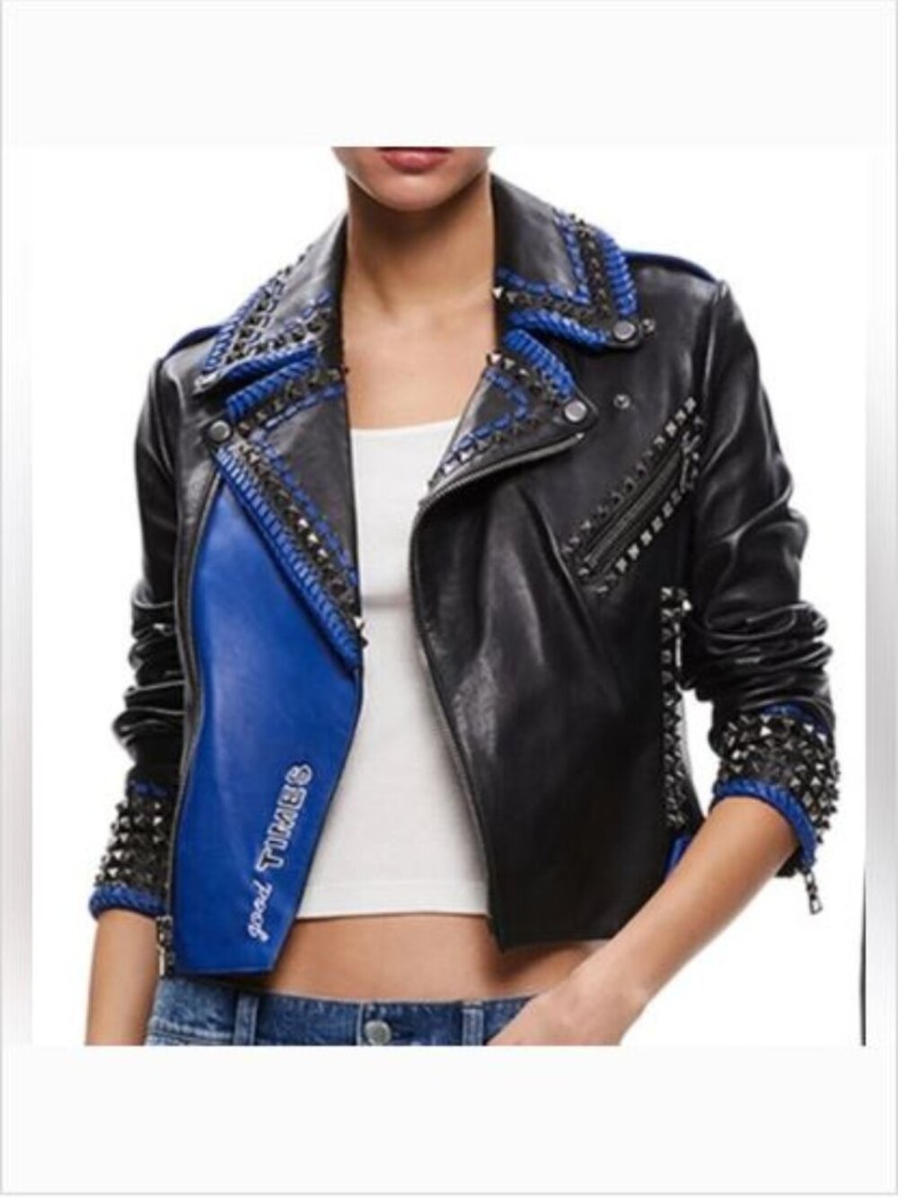 Alice + Olivia x Deborah Kass Cody Studded Leather Moto Jacket Good Times Blue S